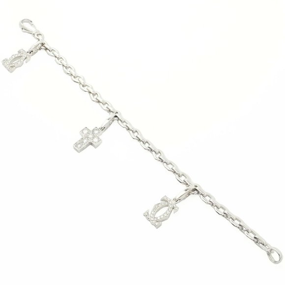 Authentic! Cartier 18k White Gold 3 Charm Bracelet with Diamond Cross Double C's - Picture 3 of 12